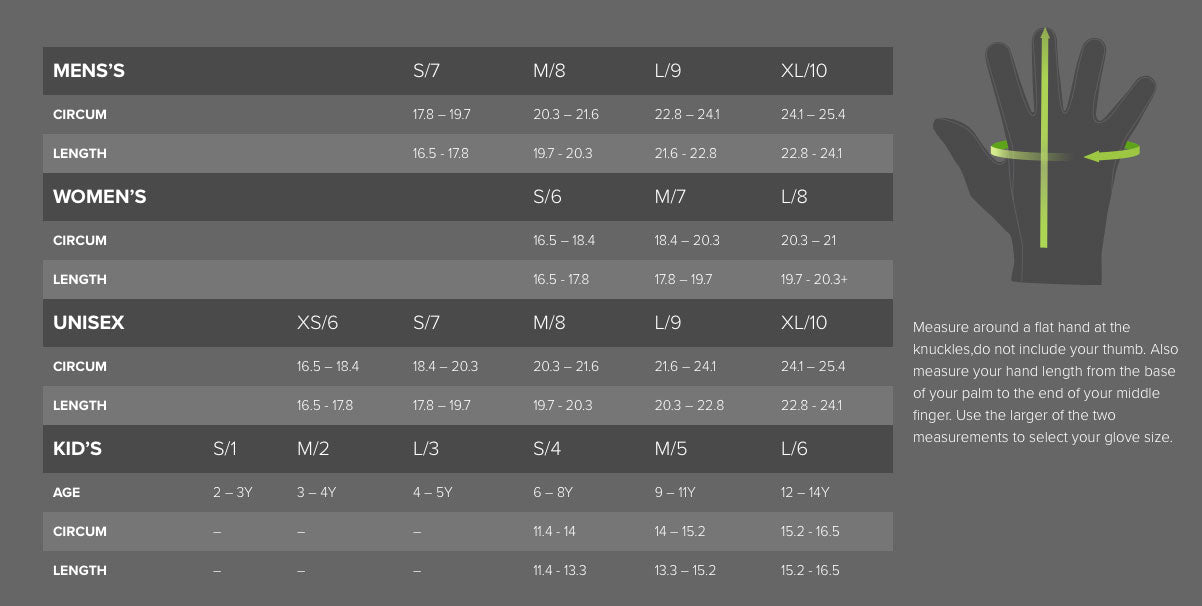 Outdoor Research Glove Size Chart Measurements - Mens, Womens, Unisex