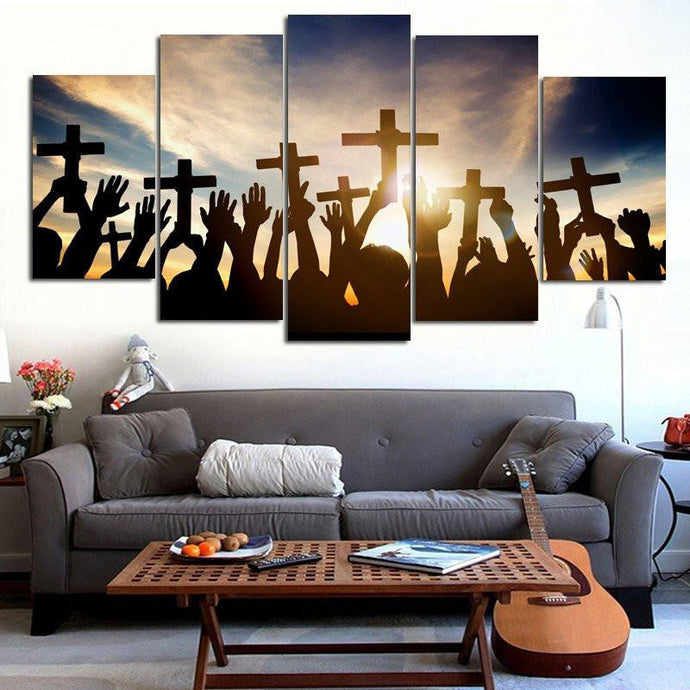 Holding Cross During Sunrise Wall Art Multi Panel Canvas