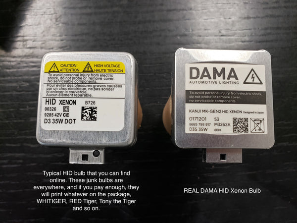 a bad quality counterfeit bulb vs. genuine DAMA D3S
