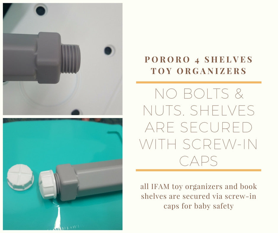 Toy organizers are secured with screw in caps for baby safety