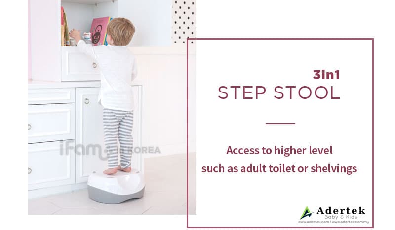 Step stool to access higher toilet bowl and shelvings