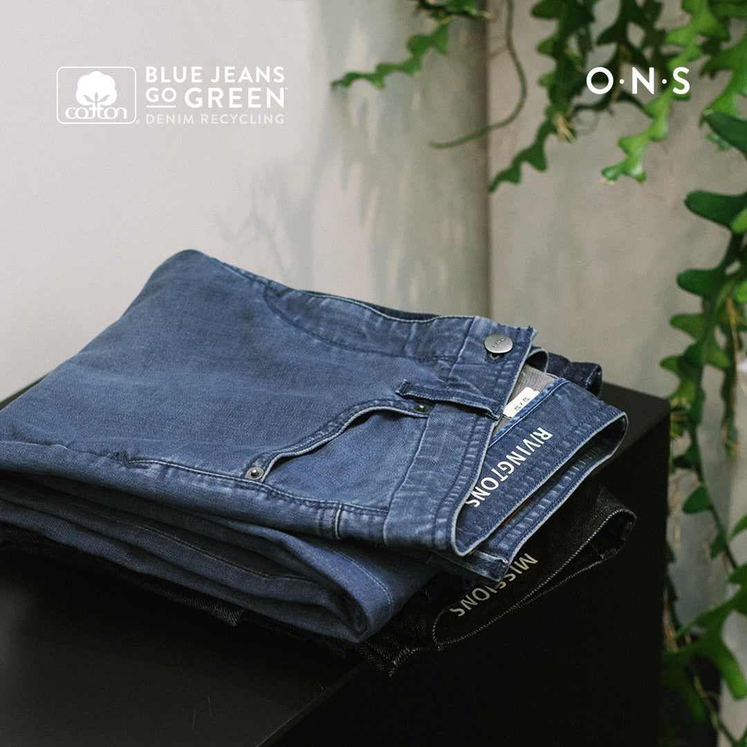 ONS Clothing and Cotton Inc Blue Jeans Go Green program collaboration BJGG. Bring your used Denim to 201 Mulberry and receive 20% of your next purchase at ONS