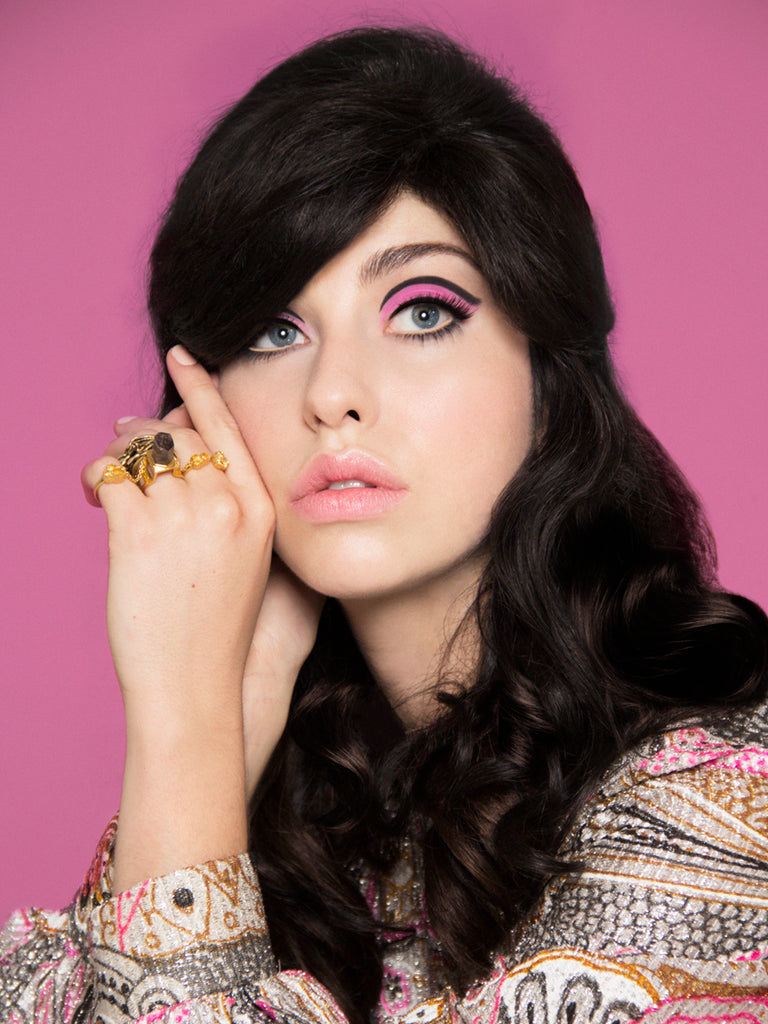 Kimbra in retro vintage pink gold and bold paisley psychedelic fashion photoshoot for laud magazine wearing AU REVOIR LES FILLES jewellery