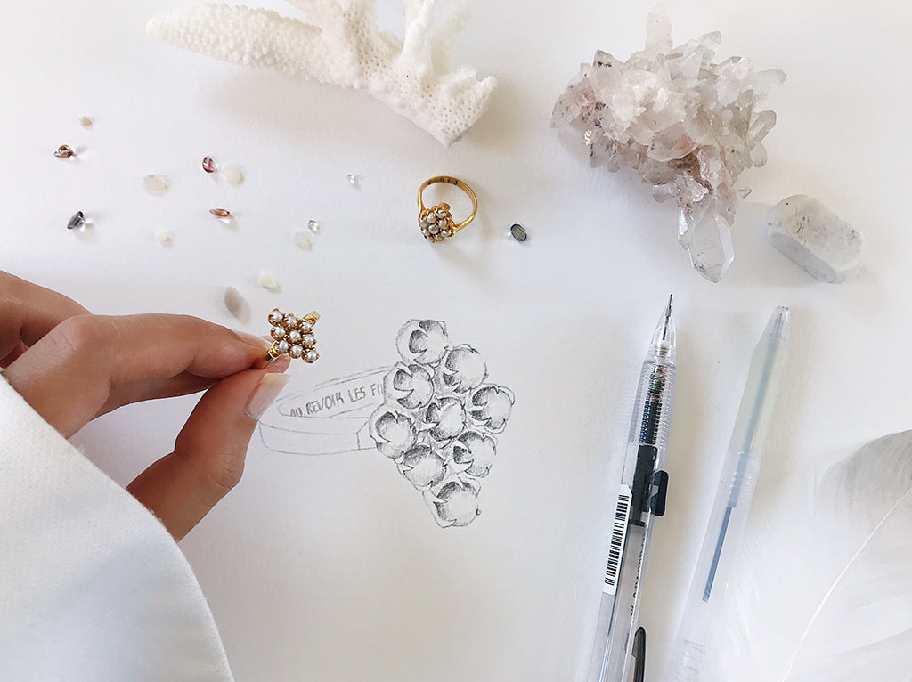 jewelry sketch of pearl ring - diamond shape pearl cluster ring in gold, hand drawn or sketched on paper , creative process and design inspiration of jewellery - vintage pearl ring that is classy, beautiful and elegant, perfect for mother's day gift idea