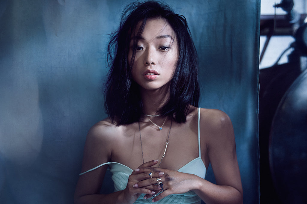 margaret zhang - fashion editorial fashion photo shoot - fine affordable demi jewelry - underwater moody blue muse and damsel wearing sterling silver and australian blue opals and opal jewellery, opal necklace, opal ring