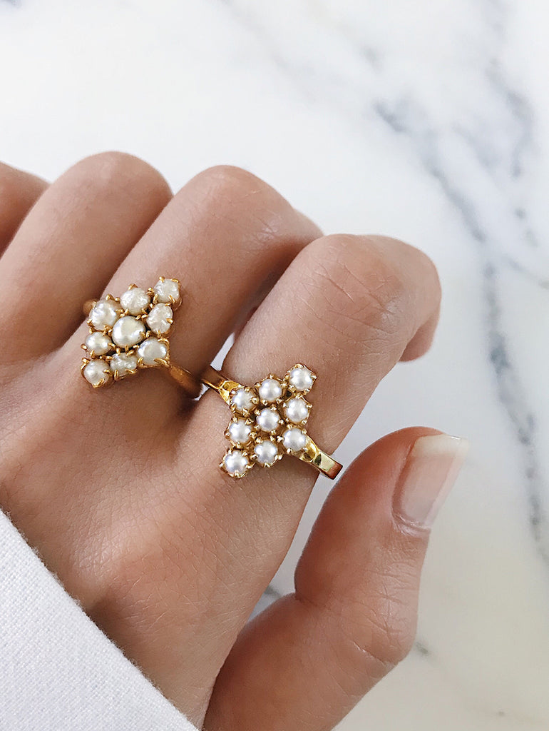 comparing 2 rings - vintage pearl ring with modern pearl cluster ring in beautiful diamond shape. 14k gold sterling silver, great gift ideas for mother's day or mother's day jewelry. learn about the creative process behind this jewelry design. by jewelry label AU REVOIR LES FILLES