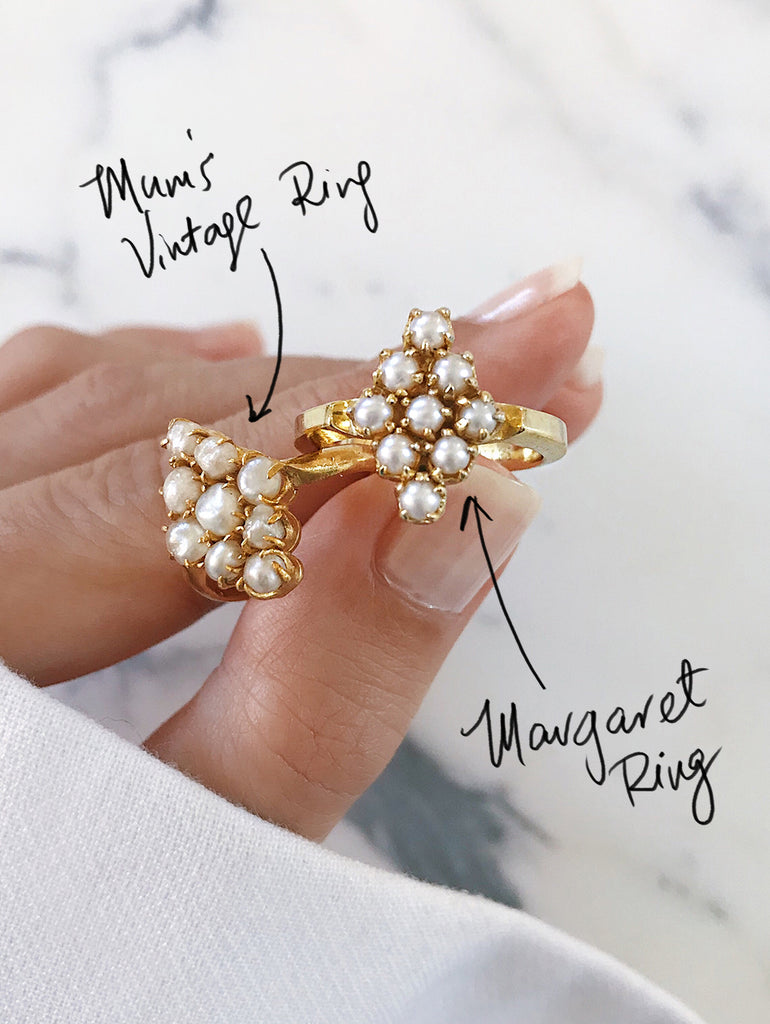 my mother's pearl ring - the inspiration, design process behind the Margaret pearl cluster gold ring - comparing the 2 rings side by side - one vintage and antique, the other modern and effortless. 