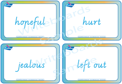 Emotion Flashcards completed in VIC Modern Cursive Font for Occupational Therapists and Tutors