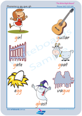 QLD Modern Cursive Font Consonant Phoneme Posters for Tutors and Therapists with descriptive pictures