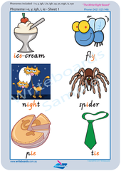 VIC Modern Cursive Font Vowel Phonemes Posters for Tutors and Therapists with descriptive pictures