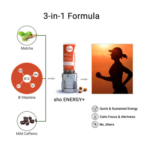 sho energy+ 3-in-1 energy vitamins vitamin b complex matcha caffeine