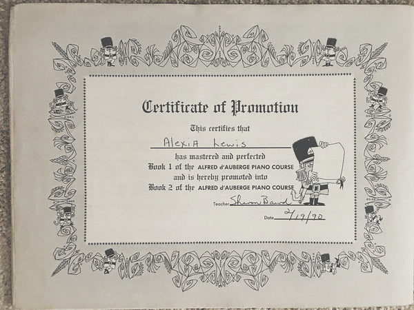 Alexandria Boddie's very first certificate of completion of level one piano lessons.