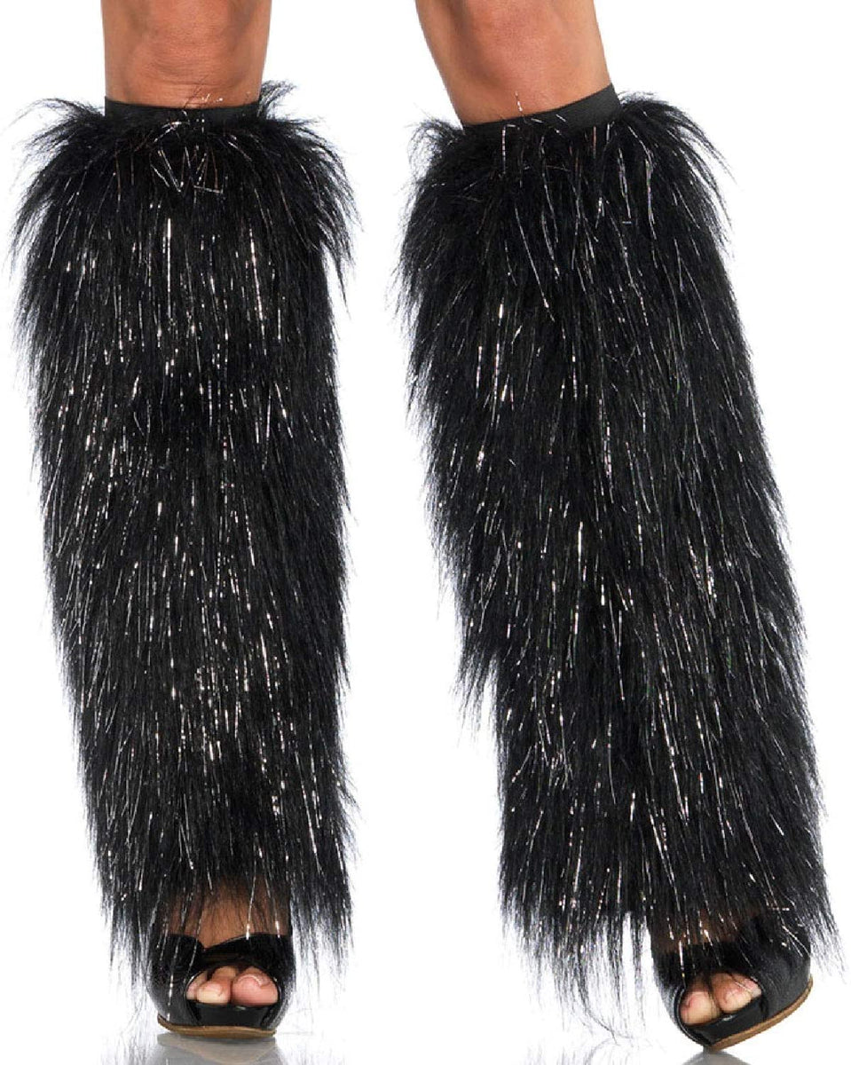 Black Ostrich Long Faux Fur Leg Warmers Fancy Dress Festival Halloween Dance 