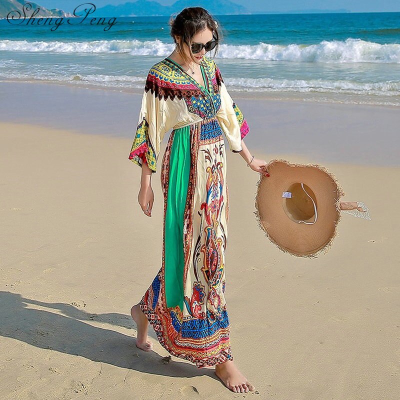 Women Hippie Mexican Floral Embroidered Deep V neck BOHO Maxi DRESS LHM15 