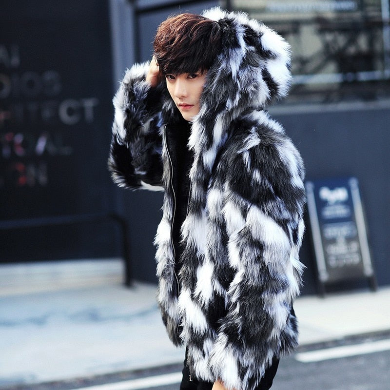 Men Winter warm Faux Fur Furry Jacket Warm Outwear Parka Cloak loose coat 