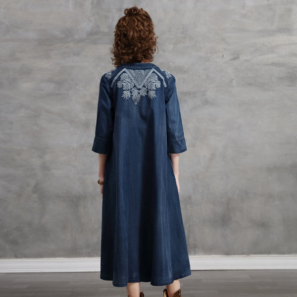 Singular Denim Dress With Handmade Clothbuttons & Quality Embroidery