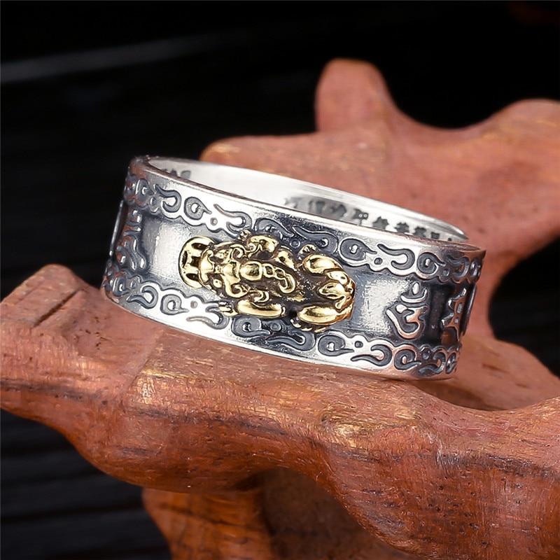 Anello in argento 99 PiXiu buddista con cuore sutra per uomini e donne Feng Shui anello di apertura regolabile Mantra amuleto ricchezza fortuna anello regalo