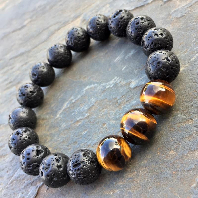 Men's Simple Zen Handmade Gemstone Bracelet Black Onyx Tiger's Eye Chakra Stones 
