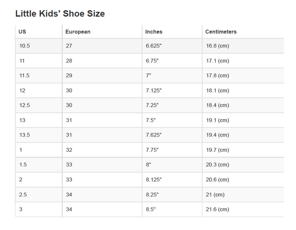 Size chart - little kids 4-7 yrs