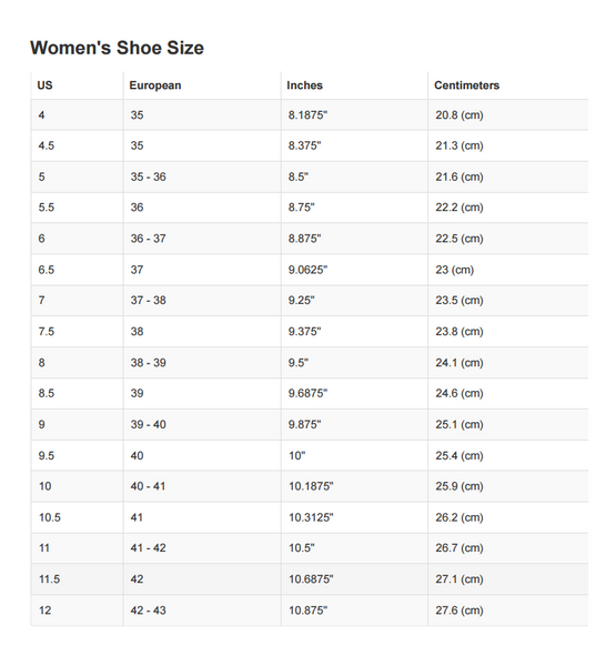 Size chart - women