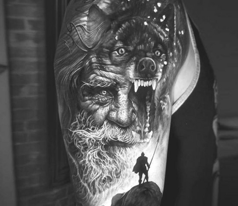 Impressive Odin piece by @jessejameesart #blackandgreytattoo #blackandgrey  #realismtattoo #odin #norsemythology #odintattoo #wellington…