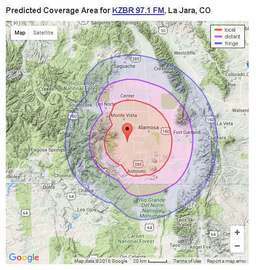 KZBR 97.1 FM Coverage Map