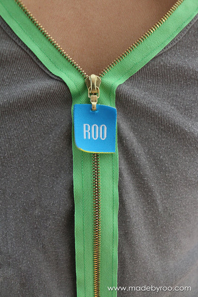 This zipper IS functional but since I don’t intend to pull it much, I used my label as the zipper pull. It’s a fabric label and I just poked a hole in it so it can’t take much tugging but it’s the perfect place to showcase my label.