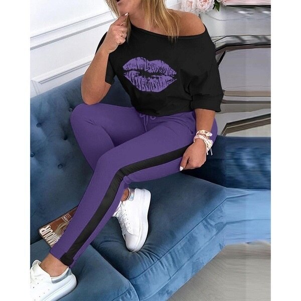 2023 Women's Printed sexy Kissy Lips Long Sleeve+joggers set