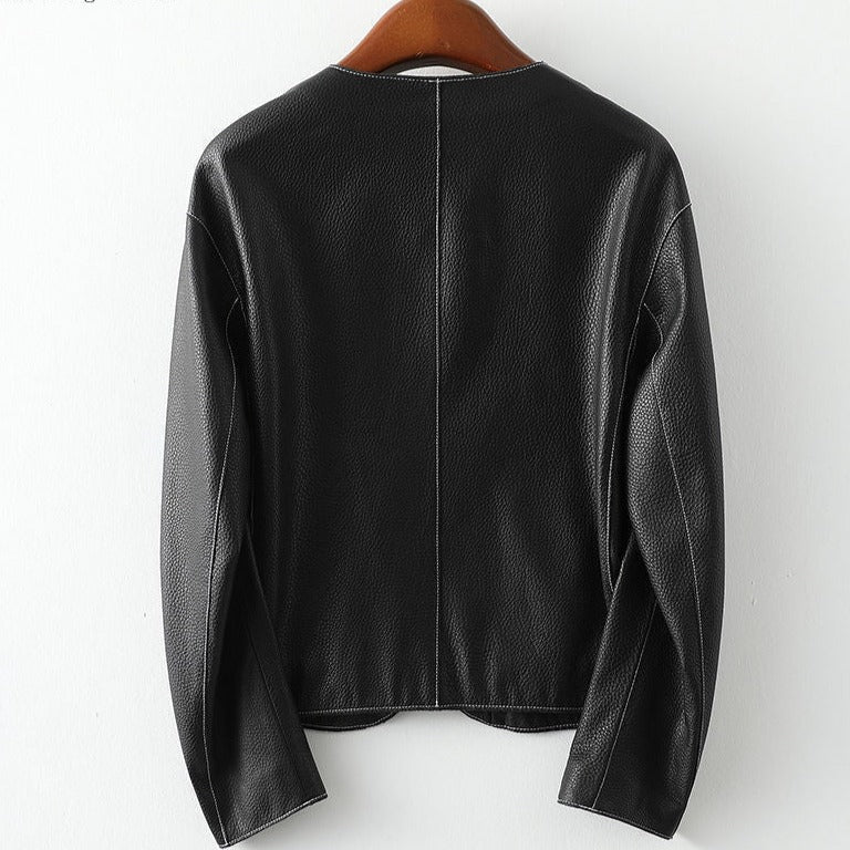 Women's New Round Neck Short Leather Jacket