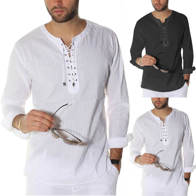 Men's Long Sleeve Lace Up Tunic style shirt