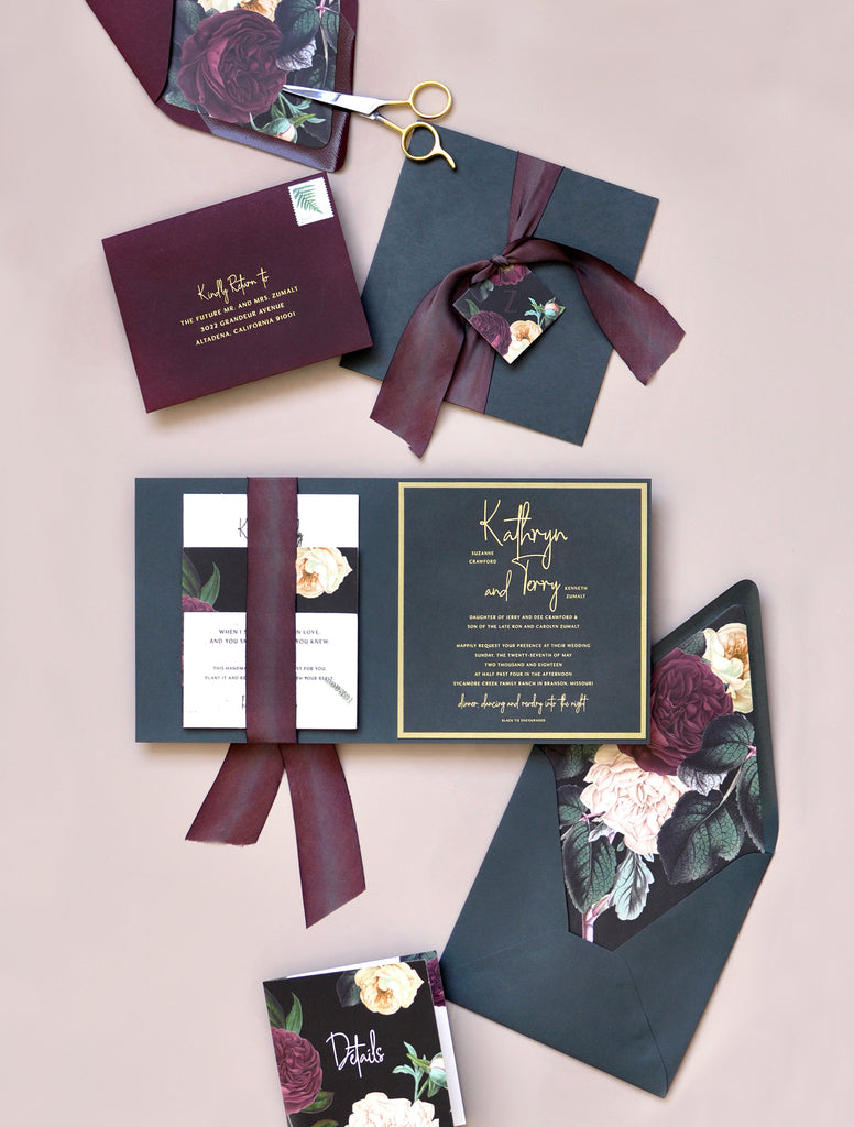 Kathryn and Terry Custom Wedding invite with florals and matte gold foil