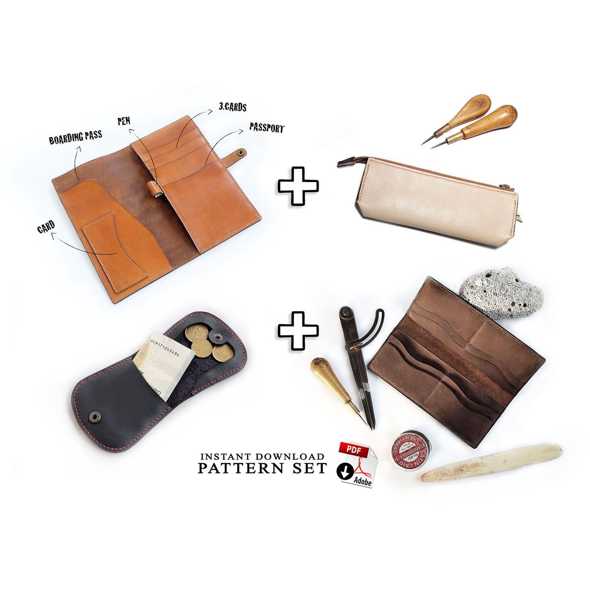 PEN CASE, WALLET, COIN PURSE & TRAVEL WALLET BUNDLE - PDF patterns + v – AM leathercraft