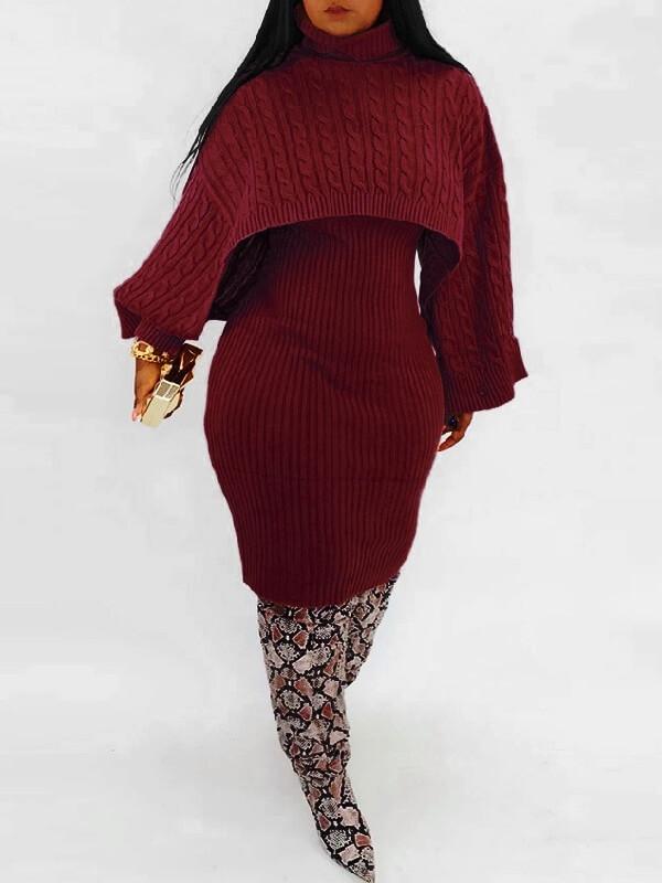 Queenfy Knit Poncho Sweater Dress Set