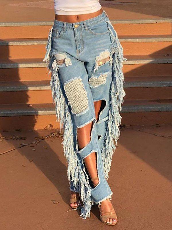 Fancy Fit & Flare Fringe Bell Bottom Jeans –