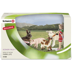 Schleich Animal Babies Set Scenery Pack  Schleich 41350  Introduced: 2013; Retired: 2014   Special Edition Rabbit, Piglet 13289, Dwarf Goat Kid 13716, Lamb 13285 and Girl Feeding 13905/42134