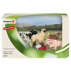 Schleich Animal Babies Set Scenery Pack  Schleich 41357  Introduced: 2013; Retired: 2014   Special Edition Goat Kid, Black and White Holstein calf 13634, Shropshire Lamb 13682, Young Rabbits 13725 and Piglet 13289  Released by Kaufhof, Germany only