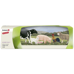 Schleich Farm Animal Set Scenery Pack  Schleich 41349  Introduced: 2013; Retired: 2014   Includes Exclusive White Cat, Black and White Holstein cow 13633, Pig Sow 13288, Rooster 13645 and Sheep Ewe 13283  Released in Australia, New Zealand and Canada