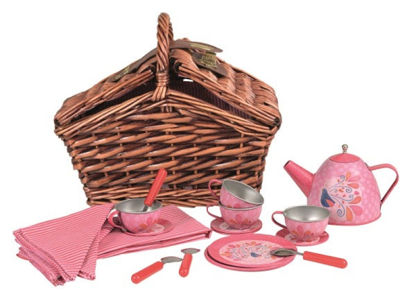 tea set in a basket