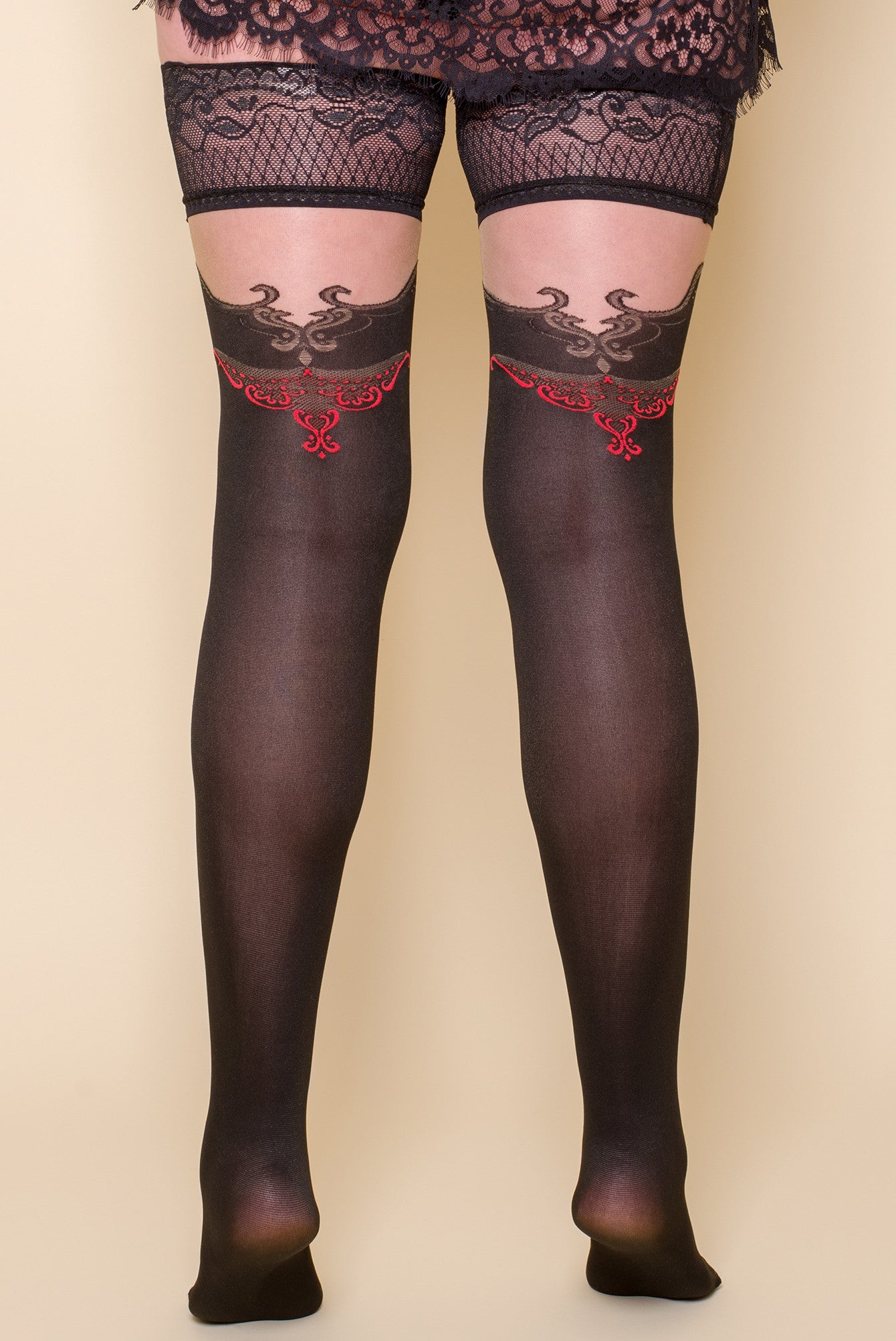 Opaque Black And Red Hold-Ups Stockings Lace top nylons