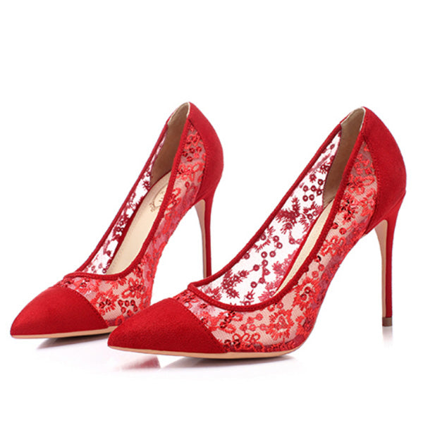 Red Lace Heels Elegant Pumps Wedding 