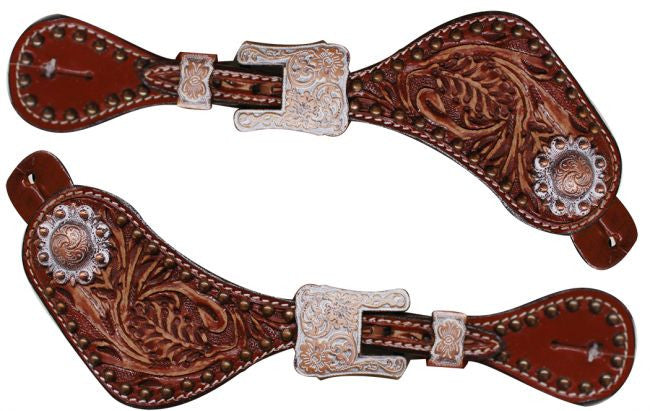 Showman Ladies Floral Tooled Leather Spur Straps With Copper Buckles for sale online 