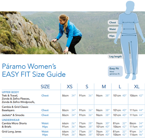 Paramo Women's 'Easy Fit' Size Guide