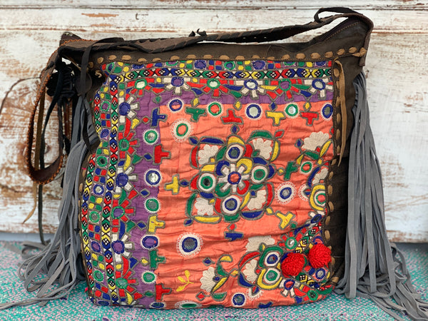 Big Bohemian Tote Bag with antique tribal embroidery and leather patchwork