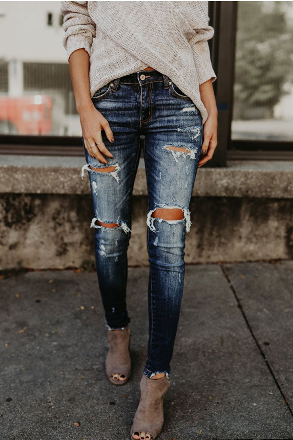 Sheinlove Distressed Mid Waist Sheath Jeans