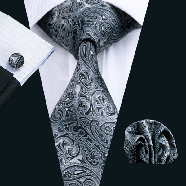 Wedding Tie Hanky Cufflinks Set Black Paisley Pattern 100 Handmade