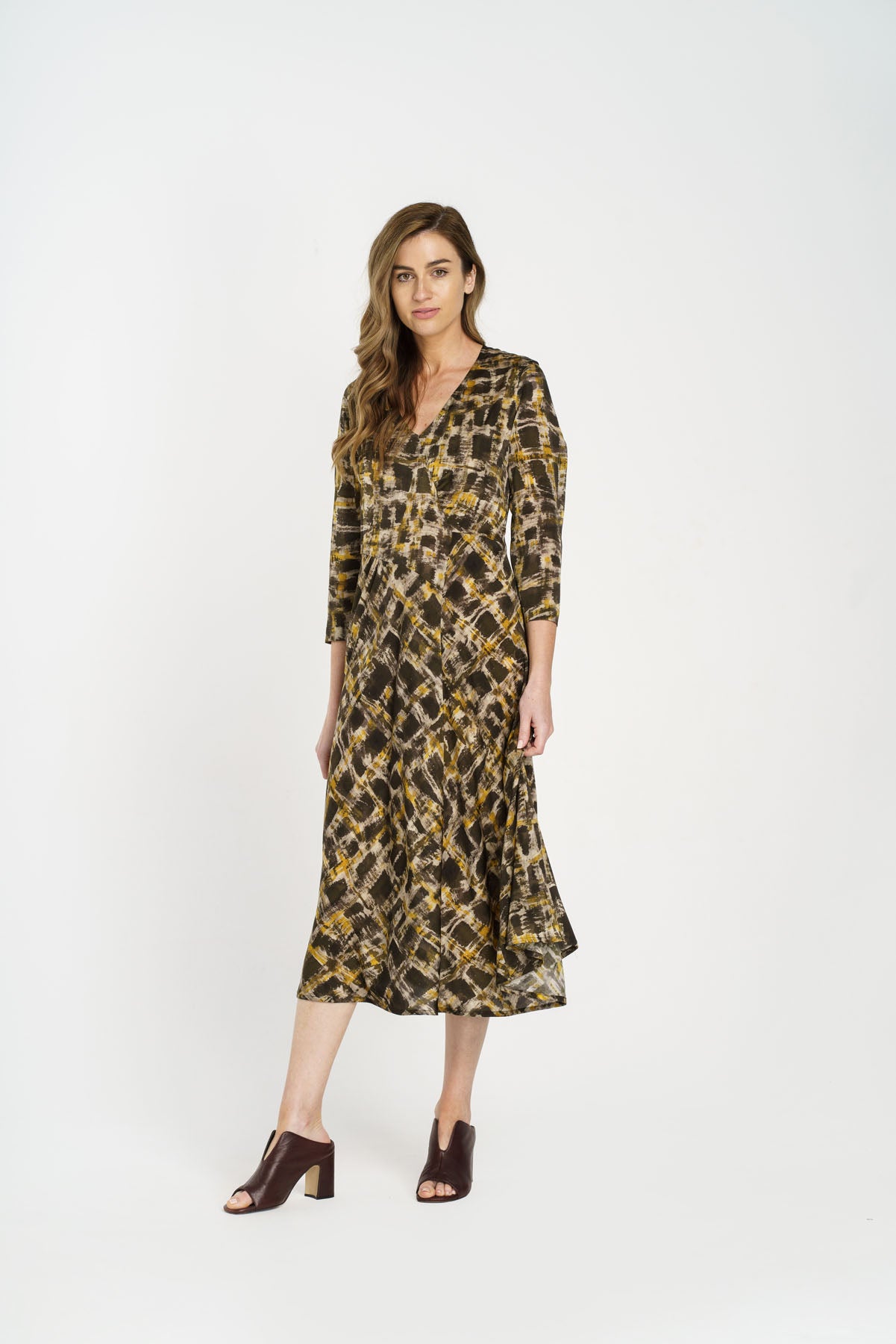 Vee Neck Angle Seam Dress - Olive/Gold Print 2270