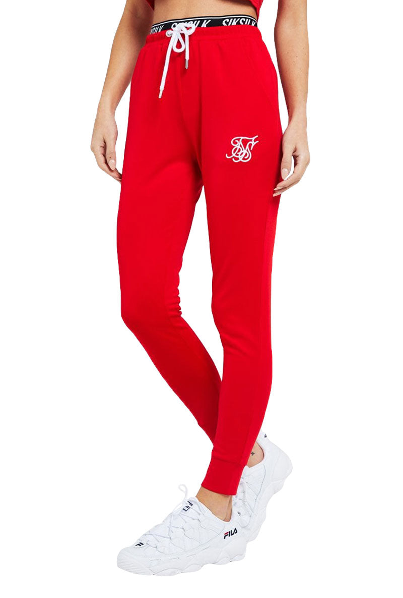 red silk joggers