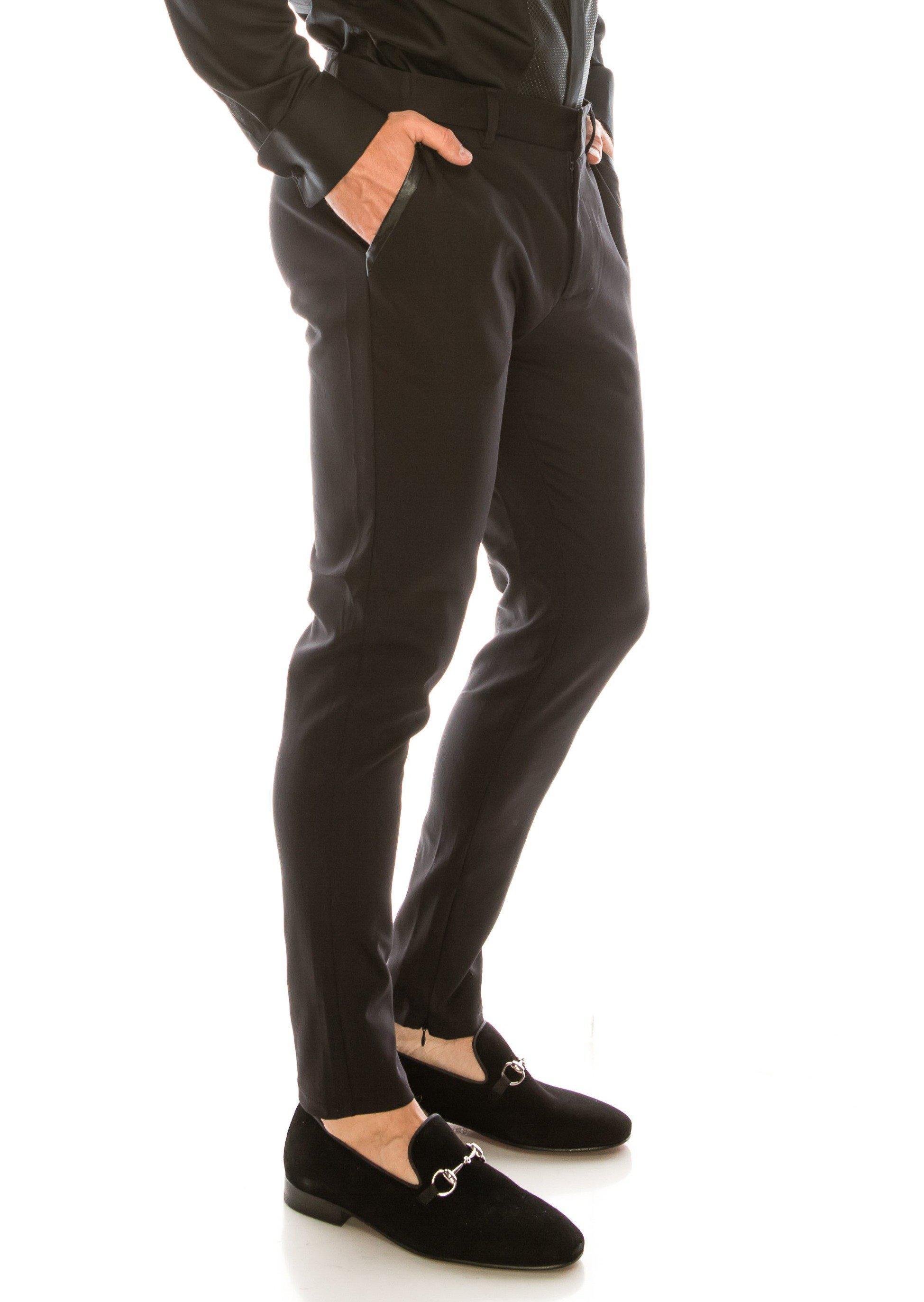 black stretch tapered trousers