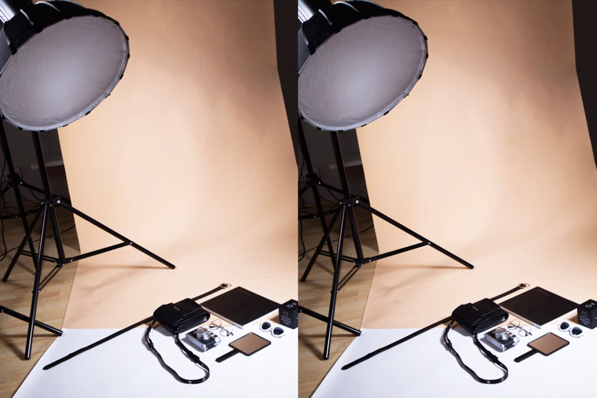 flash strobe and softbox modifier flat lay photography lighiting setup