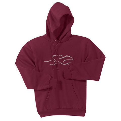 A cardinal hoodie sweatshirt with EMBRACE THE RACE logo center front. Workmark across the back shoulder.